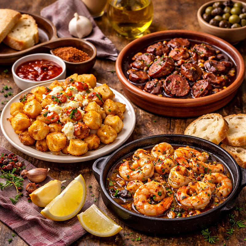 Patatas Bravas, Gambas al Ajillo si Chorizo in vin rosu