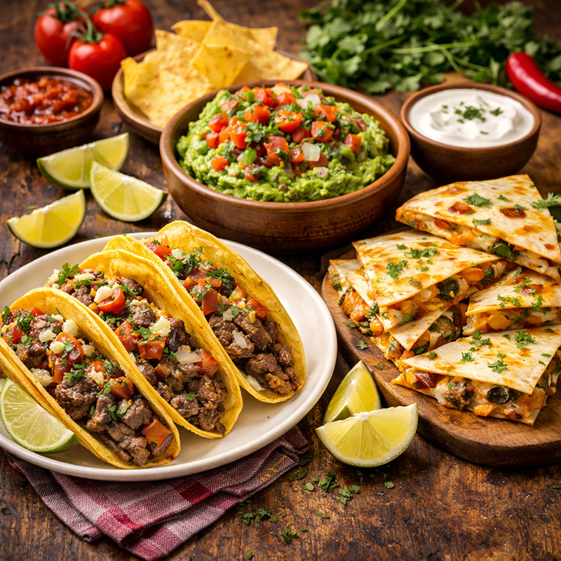 Tacos cu Vita, Guacamole si salsa fresca si Quesadilla