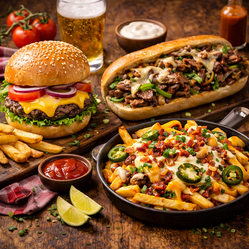 Burger, Philly Cheesesteak si Loaded Fries