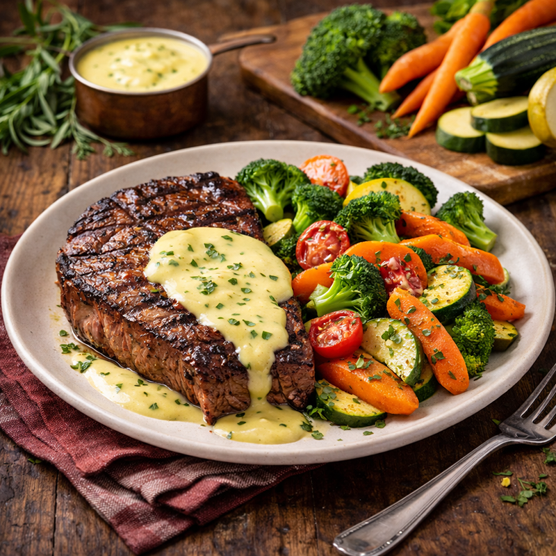 Steak cu sos Bearnaise si Legume Sotate