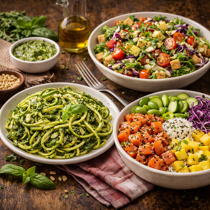 Noodles de zucchini cu Pesto, Salata cu Texturi Diferite, Poke Bowl